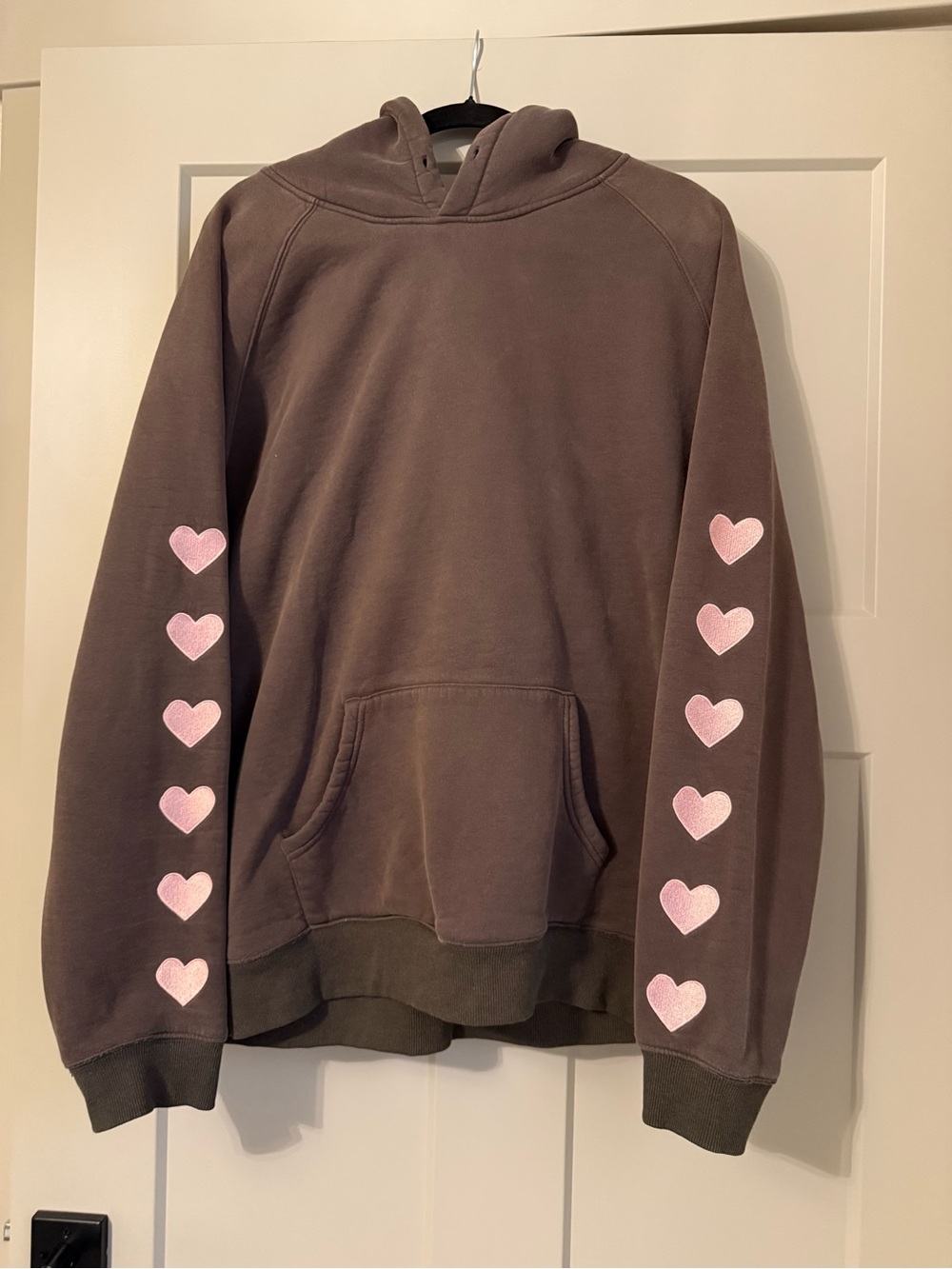 Brown Hoodie with Pink Heart Sleeve Prints
